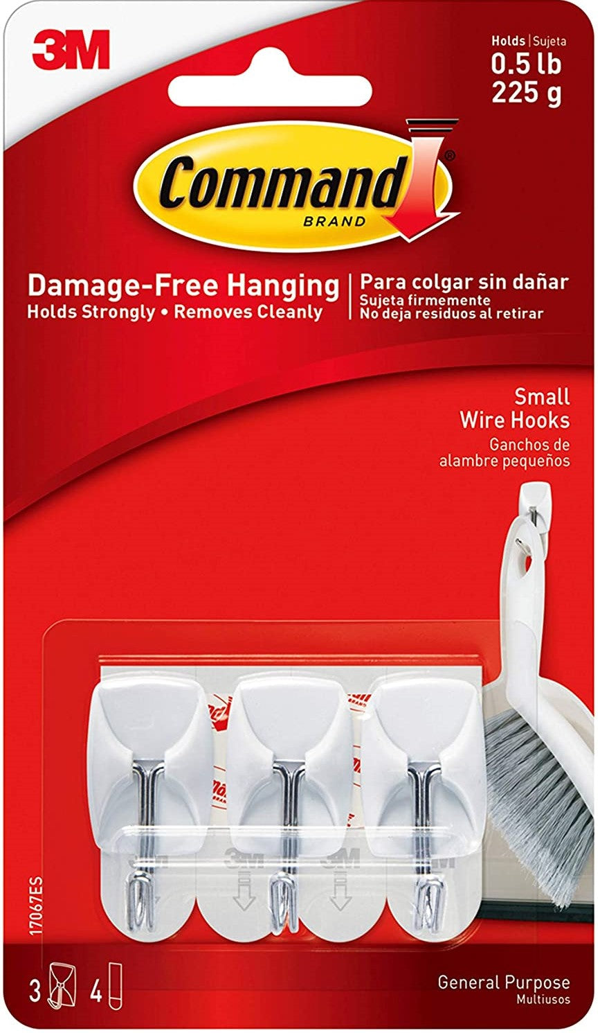 Command Wire Hooks, Small, White, 0.5 lb (225 g), 3 Hooks, 4