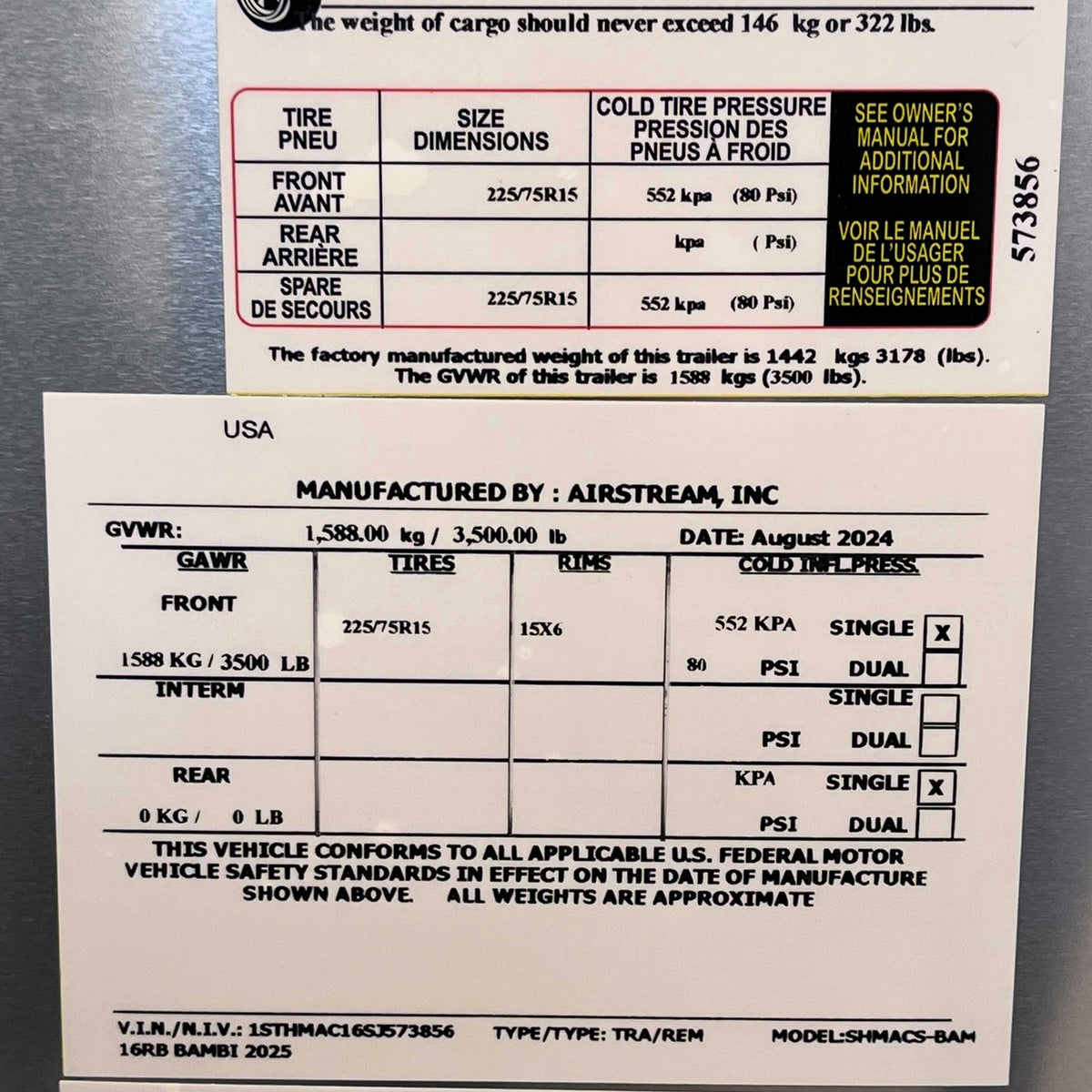 Airstream VIN and Tire Load Label VIN LABEL Woodland Airstream