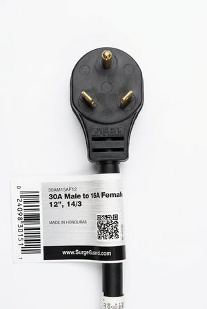 12" Power Cord Adapter 30 AMP Male to 15 AMP Female 30AM15AF12