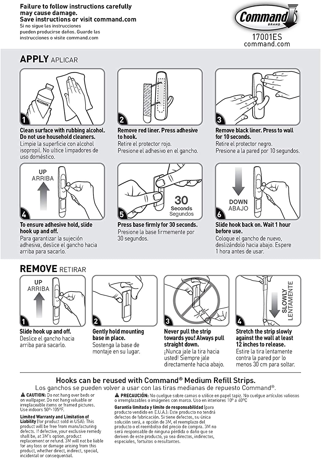 3M 17001ES Command 3 lb. Adhesive Hooks White Medium, 2 hooks, 4 strips