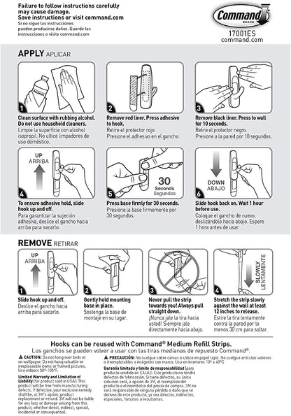 3M 17001ES Command 3 lb. Adhesive Hooks White Medium, 2 hooks, 4 strips