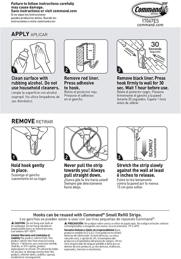 3M 17067ES Command Wire Hooks, Small, White, 3-Hooks, 4 Strips