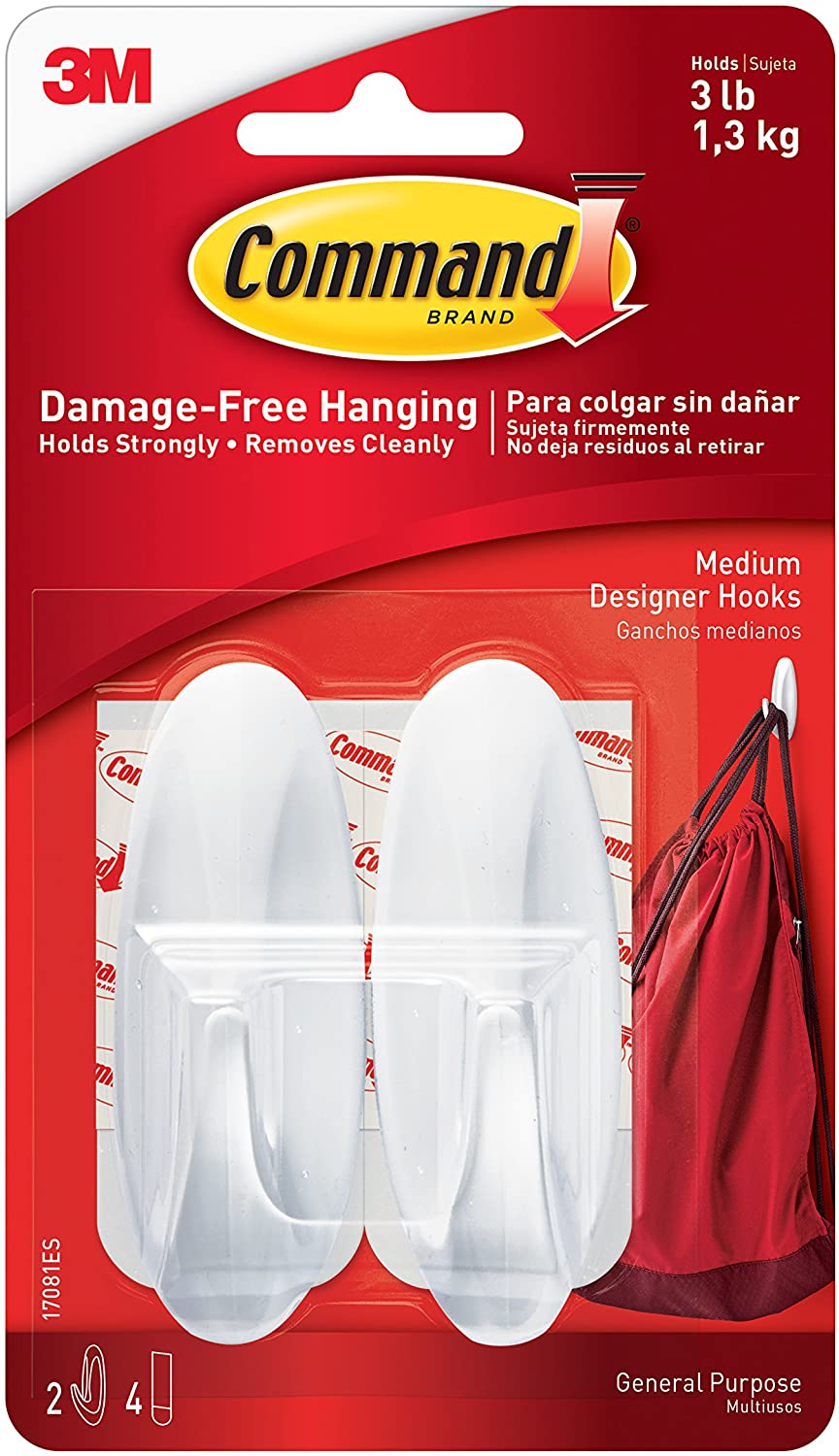 3M 17081ES Command Designer Hooks, Medium, White, 2-Hooks, 4 Strips