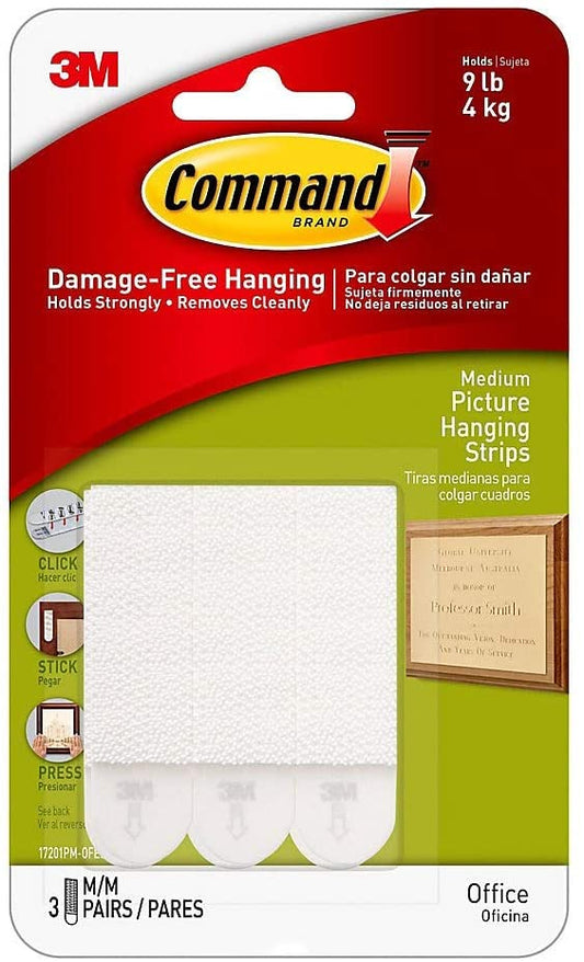 3M 17201-ES Command Picture Hanging Strips, Medium, White, 3-Pairs