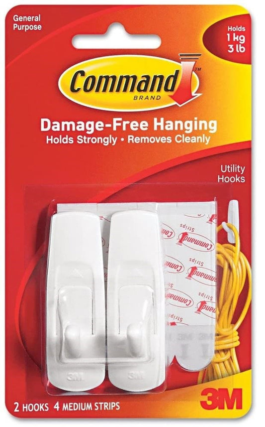 3M Command 3 lb. Adhesive Hooks White Medium, 2 hooks, 4 strips