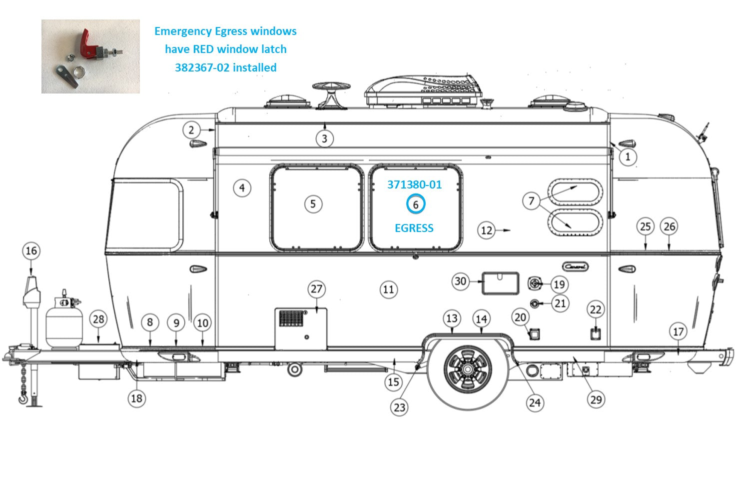 Airstream 30" Tall Side Window Glass Curved with Frame, Emergency Egress - 371380-01