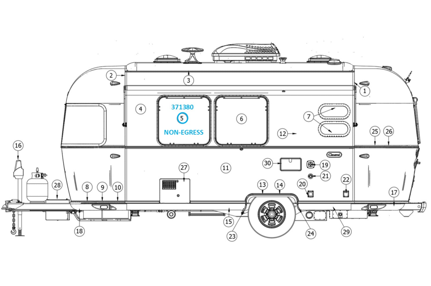 Airstream 30" Tall Side Window Glass Curved with Frame, Non Egress - 371380