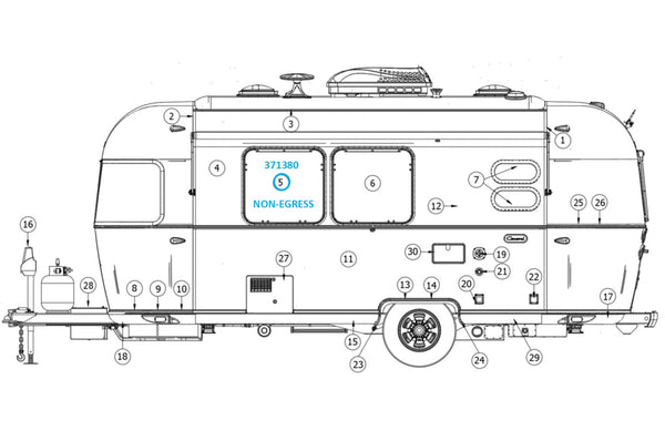 Airstream 30" Tall Side Window Glass Curved with Frame, Non Egress - 371380