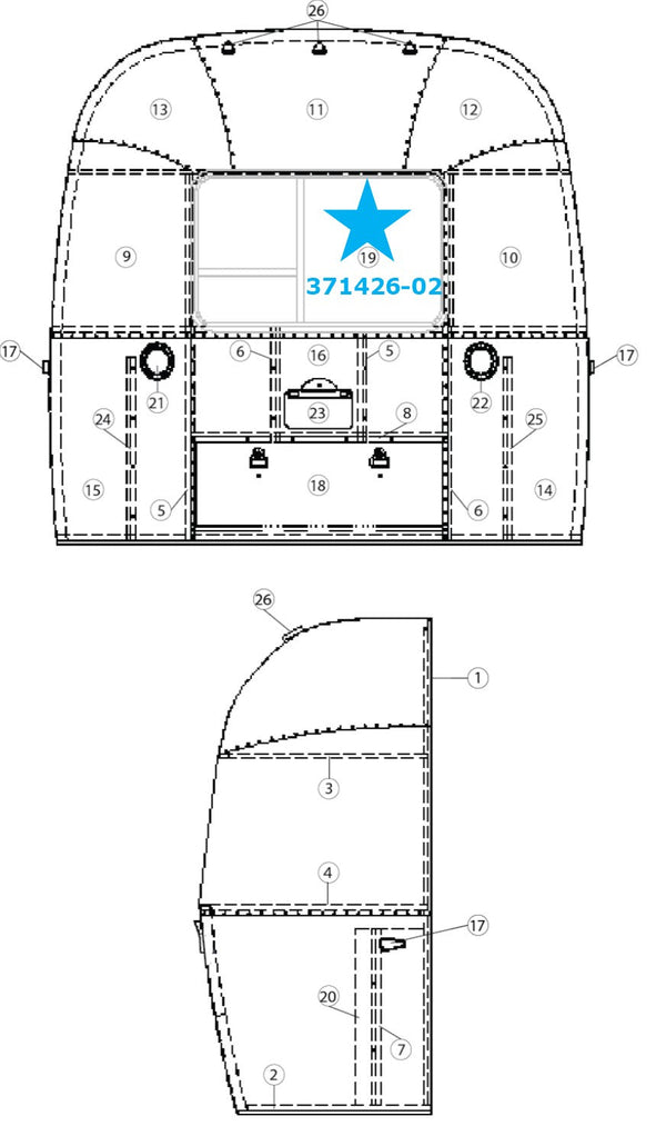 Airstream Sport or Safari Rear End Vertical Egress Window 44" x 24.25" - 371426-02