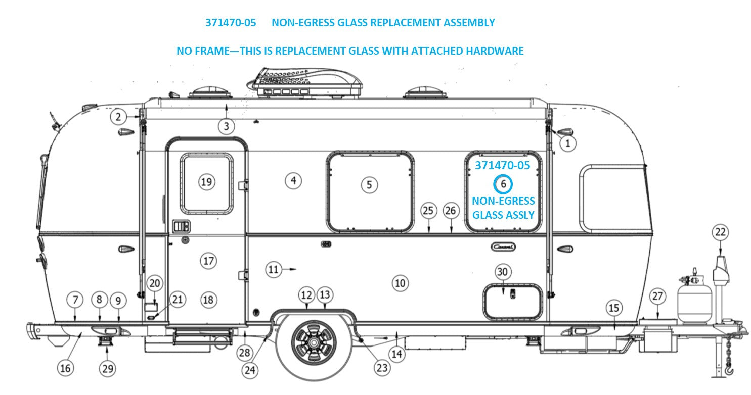 Airstream 26" Tall Side Window Glass Assembly Curved, Non-Egress* - 371470-05