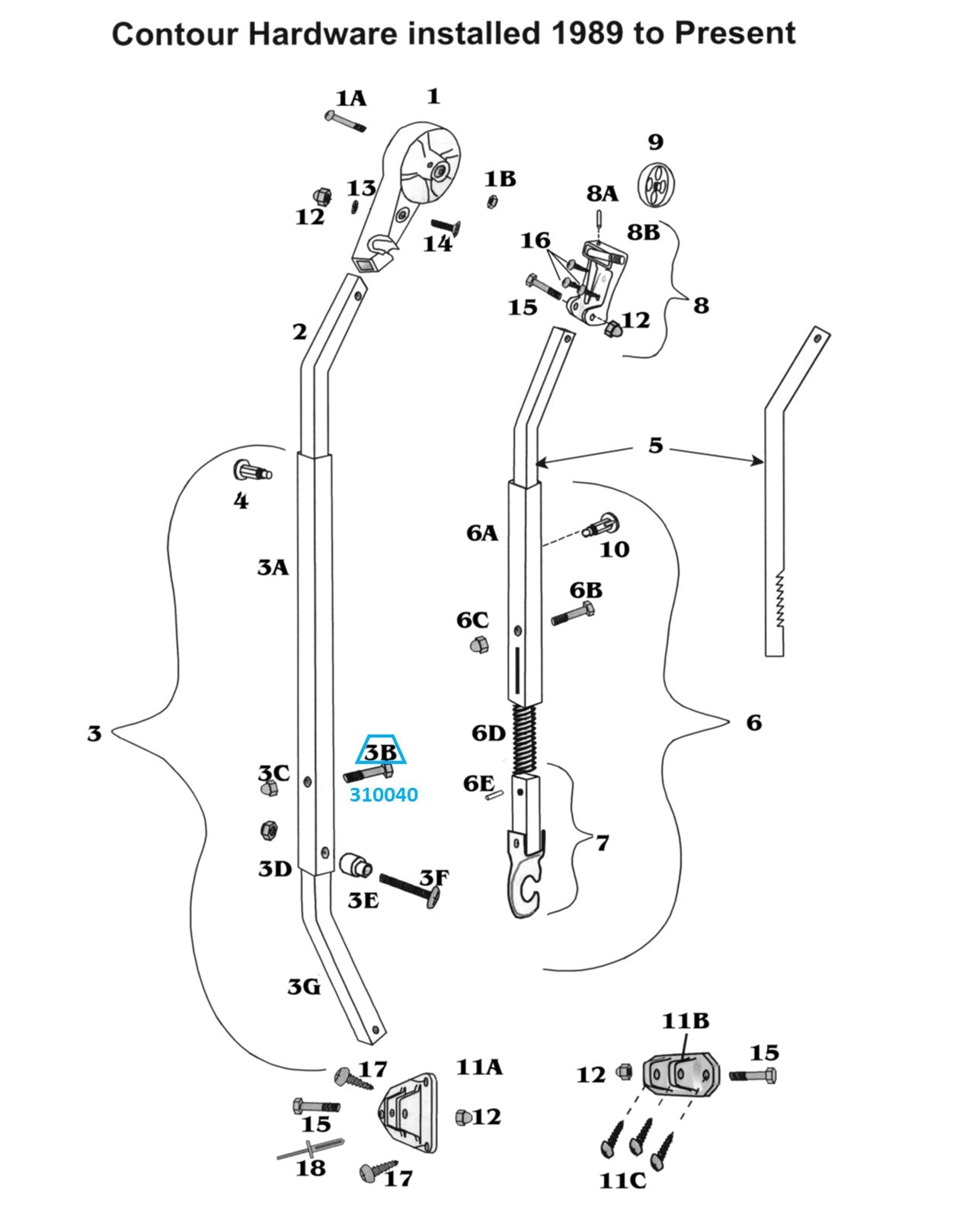 Zip Dee Hex Head Bolt for Front/Rear Main Arm Tube Assembly cor Contour Hardware installed 1989 to Present - 310040