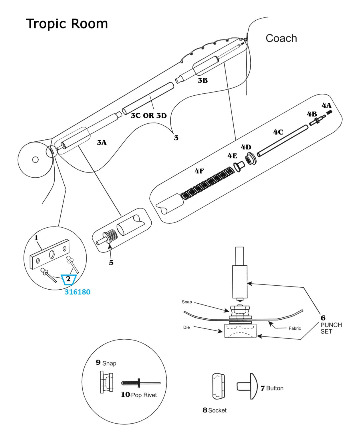 Zip Dee 6/32 x 4/16 Blind Rivet for Roller Plate for Center Rafter, All Years or Tropic Room - 316180