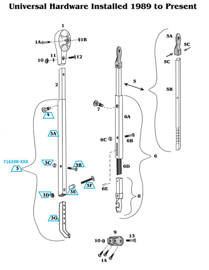 Zip Dee Satin Rear Main Arm Tube Assembly for Universal Hardware - 71620R-XXX