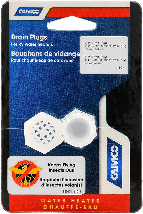 Camco 11634 Water Heater Drain Plug - 1/2-14 NPT, Pack of 2 (1 Vented /1 Standard)