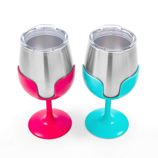 Camco Life is Better at the Campsite Pink and Blue 8 oz Stainless Steel Tumbler Set with Removable Wine Glass Stems