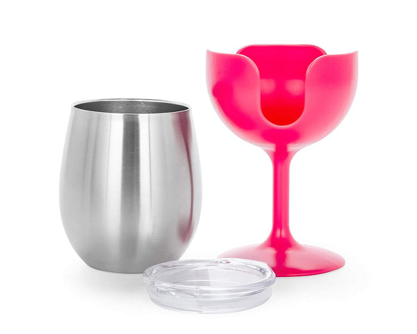 Camco Life is Better at the Campsite Pink and Blue 8 oz Stainless Steel Tumbler Set with Removable Wine Glass Stems