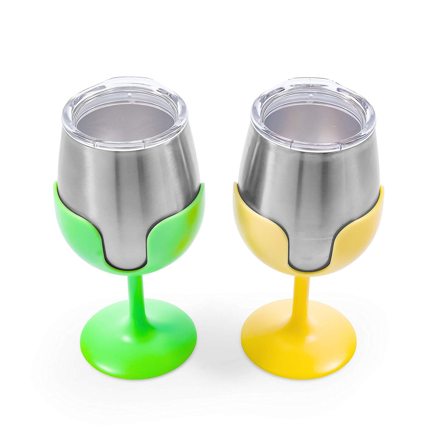 Camco Life is Better at the Campsite Yellow and Green 8 oz Stainless Steel Tumbler Set with Removable Wine Glass Stems