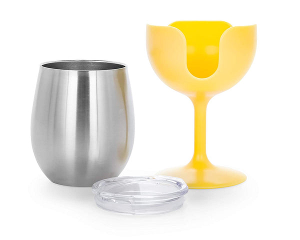 Camco Life is Better at the Campsite Yellow and Green 8 oz Stainless Steel Tumbler Set with Removable Wine Glass Stems