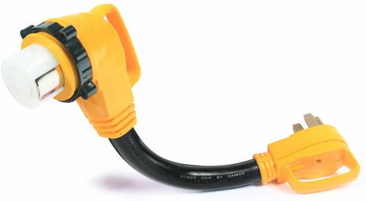 Camco 55562 Heavy Duty Locking Female PowerGrip Dogbone Adapter with 90 Degree Bend 50 AMP Standard Male / 50 AMP 18"