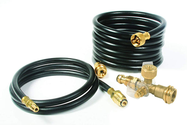 Camco 59123 Propane Brass 4 Port Tee with 5' and 12' Hoses