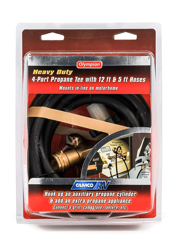 Camco 59123 Propane Brass 4 Port Tee with 5' and 12' Hoses