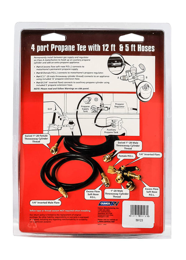 Camco 59123 Propane Brass 4 Port Tee with 5' and 12' Hoses