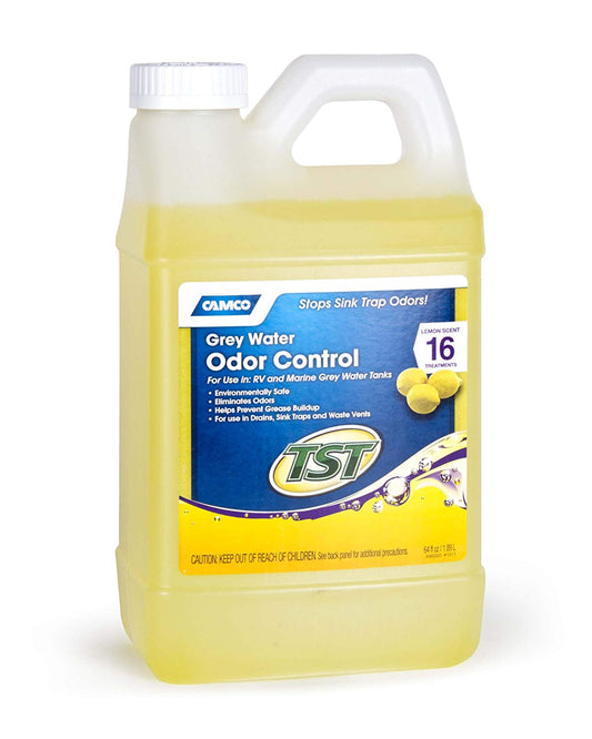   Camco TST Lemon Scent RV Grey Water Odor Control, Stops Sink Trap Odors, For Use In Drains, Sink Traps and Waste Vents, Treats up to 16 - 40 Gallon Holding Tanks (64 Ounce Bottle) - 40256 