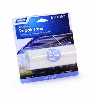 Camco 5" x 15' Awning Repair Tape - Repairs Rips and Punctures in Your RV or Camper's Awning | Contains UV Inhibitors | Use for Boat Sails, Canvas, Pool Covers & More - (42623) 