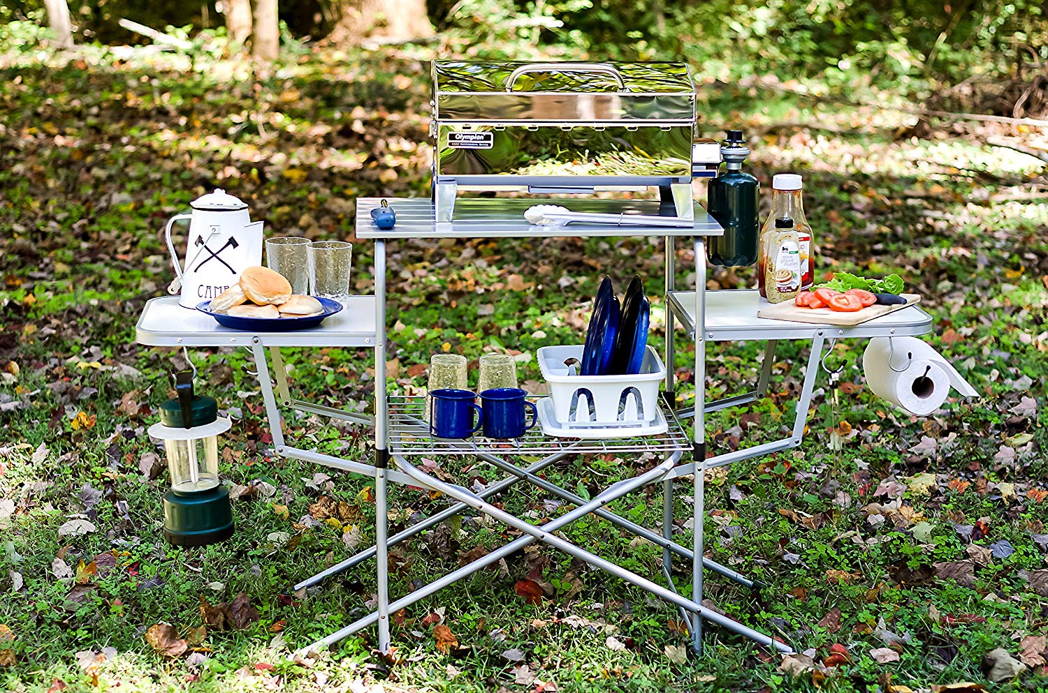 Camco Deluxe Folding Grill Table, Great for Picnics, Tailgating, Camping, RVing and Backyards; Quick Set-up and Folds Down to Only 6 Inches Tall for Convenient Storage (57293)