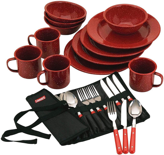 Coleman 2000016407 24-Piece Enamel Dinnerware Set, Red