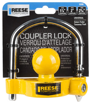 REESE Towpower 72783 Universal Coupler Lock, Adjustable Storage Security, Heavy-Duty Steel, Yellow and Chrome