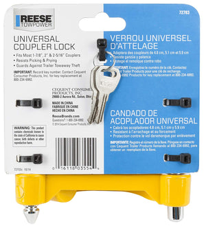 REESE Towpower 72783 Universal Coupler Lock, Adjustable Storage Security, Heavy-Duty Steel, Yellow and Chrome