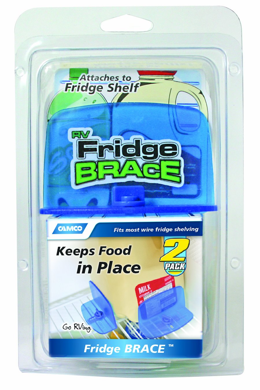 Camco RV Fridge Brace -Holds Food and Drinks in Place During Travel, Prevents Messy Spills Perfect For RVs, Boats, Camping and More - (2 Pack) (44033)