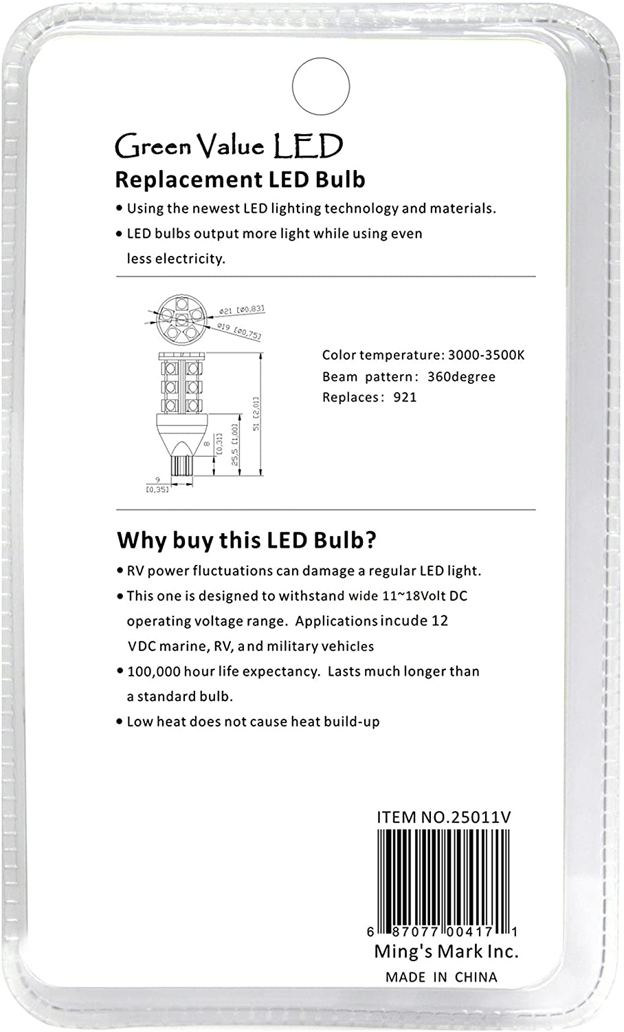 Green LongLife 25011V Value Series 921 / T15 Wedge Base LED Bulb, Pack of 6