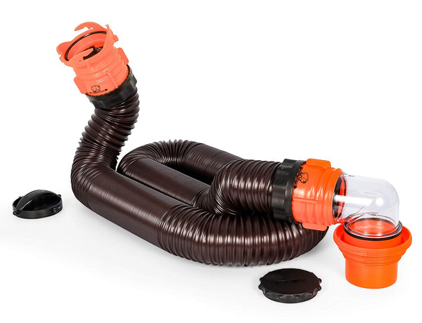 Camco RhinoFLEX 15ft RV Sewer Hose Kit, Includes Swivel Fitting and Translucent Elbow with 4-In-1 Dump Station Fitting, Storage Caps Included, Frustration-Free Packaging 39761