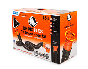 Camco RhinoFLEX 15ft RV Sewer Hose Kit, Includes Swivel Fitting and Translucent Elbow with 4-In-1 Dump Station Fitting, Storage Caps Included, Frustration-Free Packaging 39761