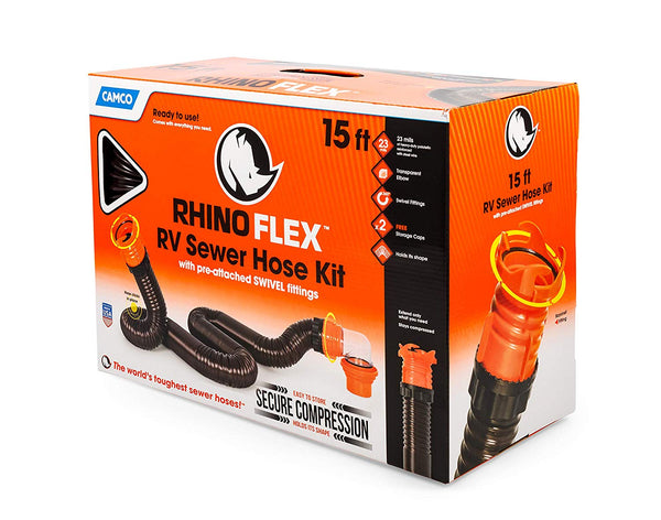 Camco RhinoFLEX 15ft RV Sewer Hose Kit, Includes Swivel Fitting and Translucent Elbow with 4-In-1 Dump Station Fitting, Storage Caps Included, Frustration-Free Packaging 39761