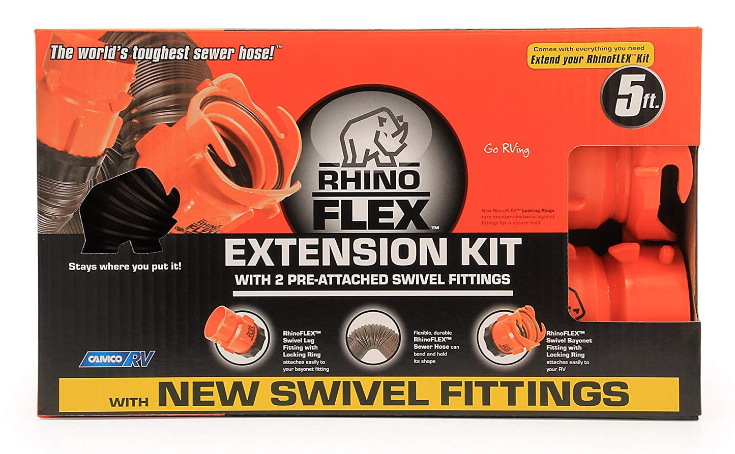 Camco 5 Foot 39765 RhinoFLEX 5ft RV Extension Kit with Swivel, Extend Your Sewer Hose to Fit Your Needs