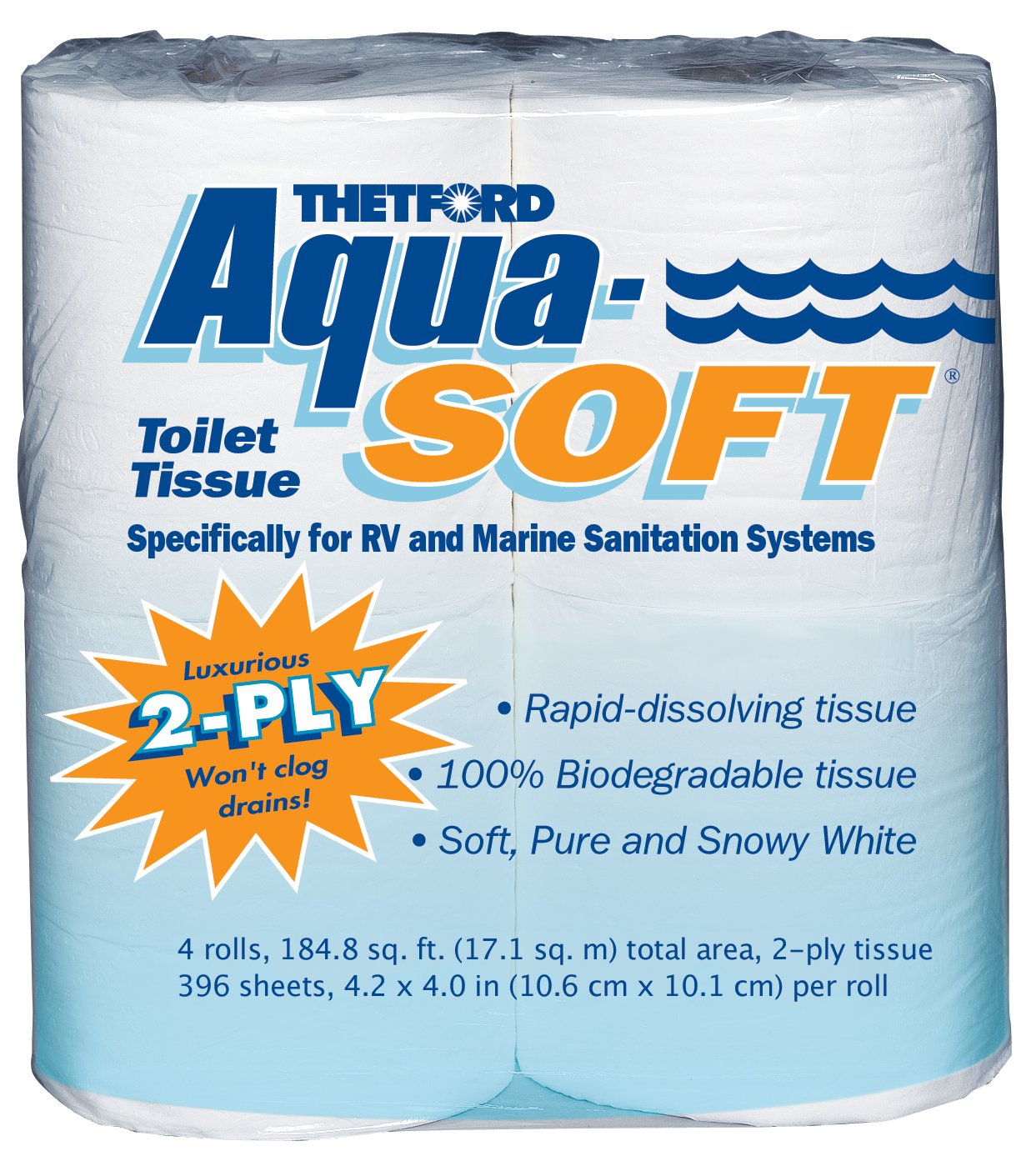 Aqua-Soft Toilet Tissue - Toilet Paper for RV and marine - 2-ply - Thetford 03300 (Pack of 4)