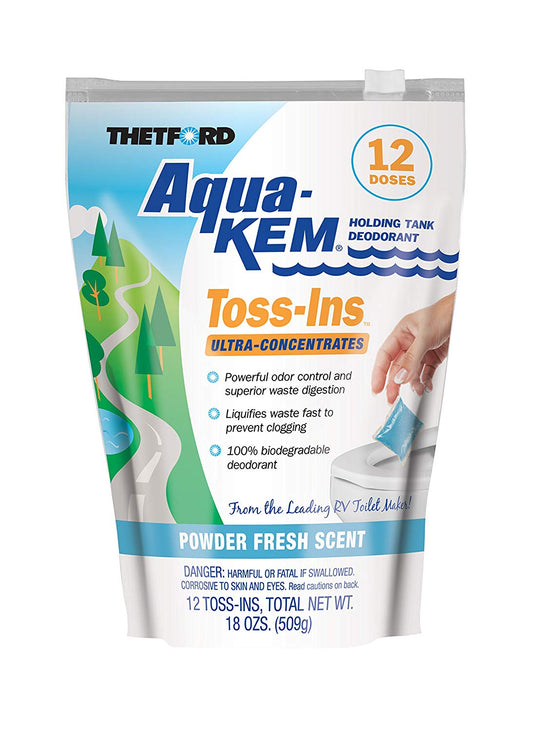 Thetford Aqua-KEM Powder Fresh Toss-Ins RV Holding Tank Treatment-Toilet Deodorizer-Waste Digester-Cleaner-12x1.5 oz Packets 36535, 12 Pack 